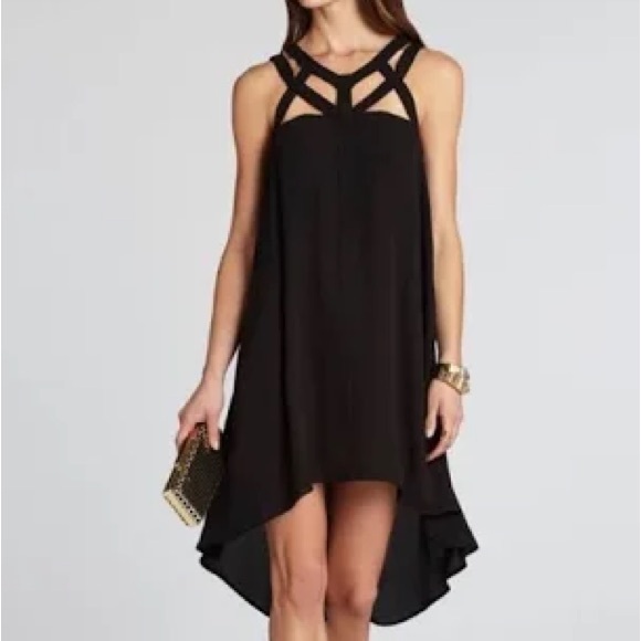 BCBGMaxAzria Cutout Neck Harness Collar High Low Slip Dress in Black - Picture 2 of 6